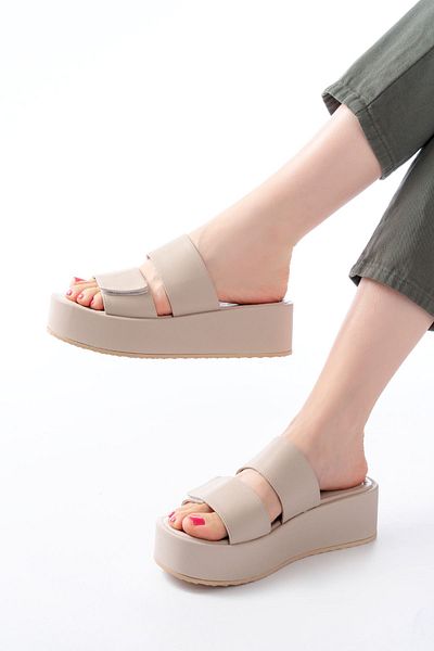 Moda Asmira 861-1034 Beige Women's Slippers with Snap Fastener and Wedge Heel