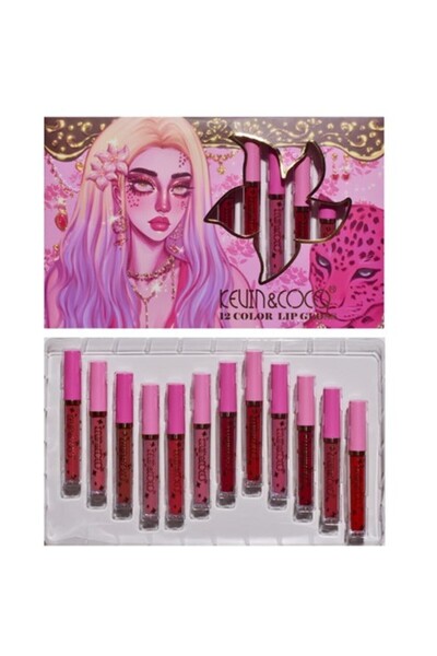 SOHO Set 12 Lip Gloss Kevin&Coco, nuante de rosu, rose, nude, roz, cutie dreptunghiulara, 26.5x16.5x2.2 c
