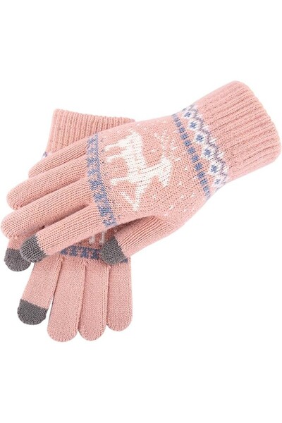 Flippy Women's Gloves, Reindeer Pattern, Touchscreen Function, Acrylic, Pink, One Size