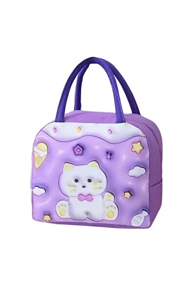 Tim Flippy Insulated Lunch Bag for Kids, 3D Cartoon Cat, Oxford Cloth, 23x13x19 cm, Purple