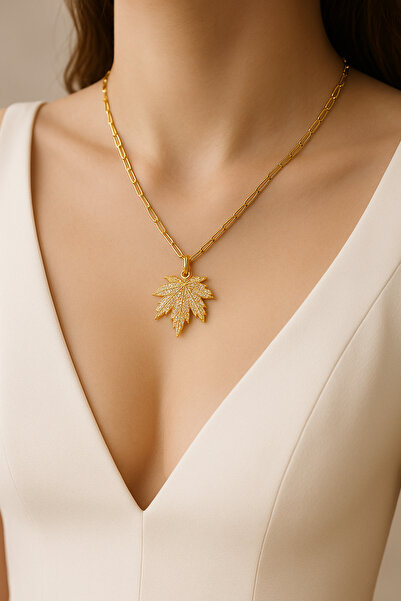 glanssieraad Altın Kaplama Zirkon Taşlı Çelik Yaprak Kolye – Doğanın Işıltısı