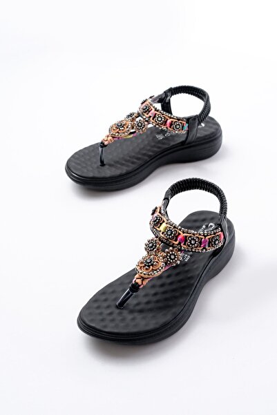 Turega Style Dm-609 Black Stone Back Elastic Flip Flops Women's Sandals