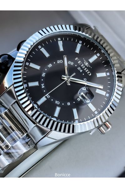 FERRO Men's Wrist Watch, Silver Black Color Steel Band, with Calendar, Bracelet Gift