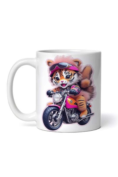 OEM Cană albă personalizată, Tigru mic pe motocicletă, Inovatix®. 330 ml