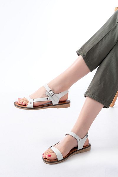 infon shoes creation 205-090 White Genuine Leather Buckle Women's Sandals