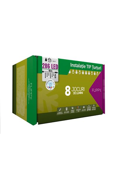 Teo Instalatie Craciun, 10 m, 286 Led-uri ,Franjuri, Rosu / Verde/ Albastru, Flash, Transformator cu tel