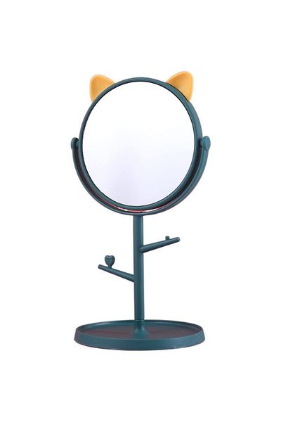 OEMN Cosmetic mirror with stand, 360° rotation, jewelry holder, model with ears, blue/yellow, 15 cm