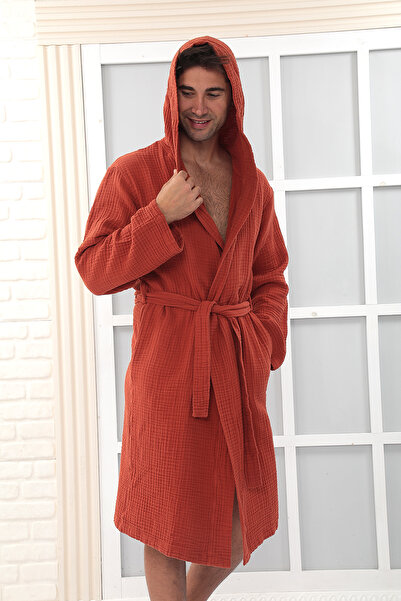 Almir Home Hooded 4 Layer Muslin Bathrobe Unisex Tile Color