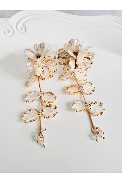 DEVİ fashion Long Beige Flower Dangle Earrings 12 cm
