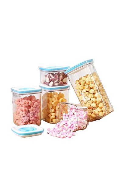 Flippy Set of 5 Kitchen Storage Containers – 2×600 ml, 2×1.3 L, 1×2 L, Transparent, White/Blue
