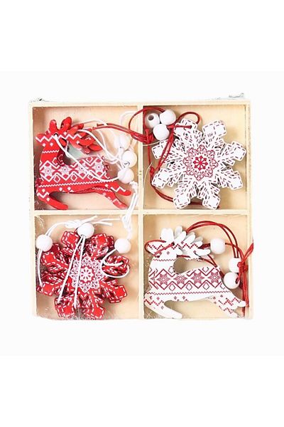 OEM Set of 12 Wooden Christmas Decorations, with String for Hanging on the Tree, Reindeer Pattern