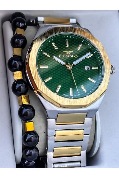FERRO Men's Wrist Watch, Silver Bee Color Steel Band, with Calendar, in Stylish Box, Bracelet Gift