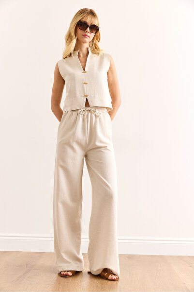 Olalook Women's Stone Accessory Top and Bottom Linen Content Suit Tkm-19000383