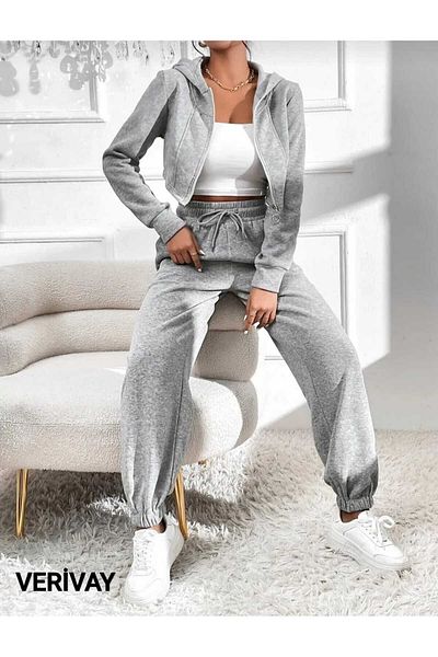 Verivay ( 2 ΤΕΜ ) Σετ Jogger Sweatpants μαύρο-Γκρι Λαστιχένιο πόδι Ψηλόμεσο Φούτερ