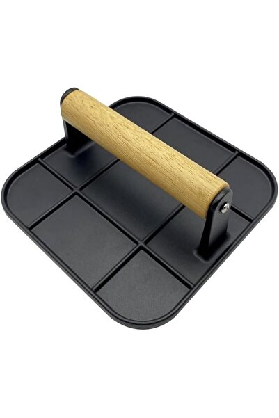 Flippy Presă manuală pentru carne, aliaj de aluminiu cu mâner din lemn, pătrată 16x16x6 cm, neagră