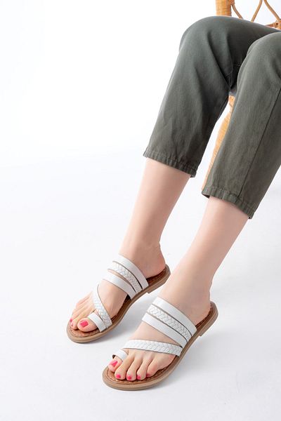 Moda Asmira 169-160 White Braided Orthopedic Sole Flip Flops Genuine Leather Women's Slippers