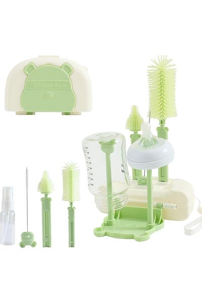 Flippy Set de spălat/uscător de sticle, rabatabil, portabil, perii din silicon, sticle, paie, verde