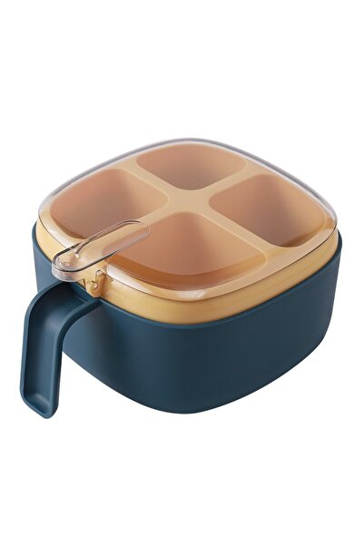 easybox Flippy spice container, 4 compartments, with 4 plastic spoons, lid & handle, 14x14x8 cm, blue