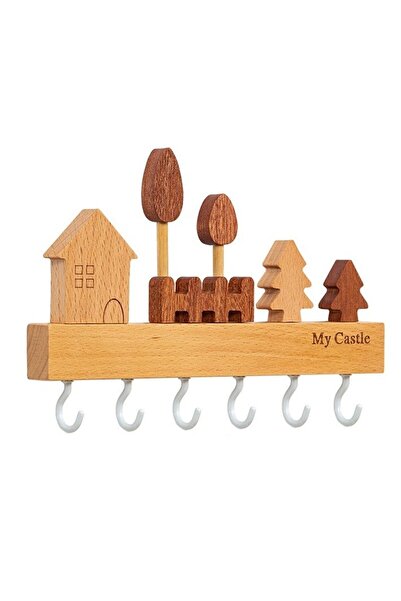 Flippy Suport chei din lemn, fără găurire, adeziv inclus, 6 cârlige albe, mac...