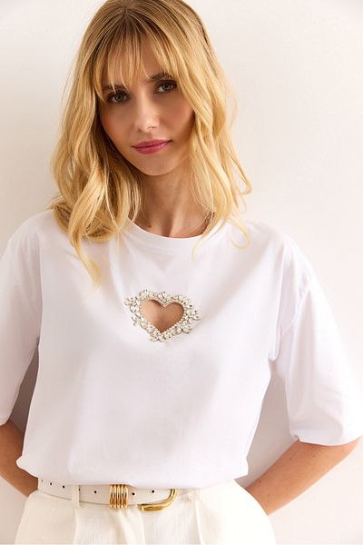 Olalook Women's White Heart Stone Printed Regular Fit Cotton T-Shirt Tsh-19000908