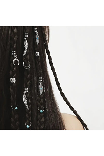 Genel Markalar 15 adet Bohem Tarzı Saç Halkaları, Saç Küpeleri, Gümüş Renk, Altın Renk, Turkuaz Renk Boncuk