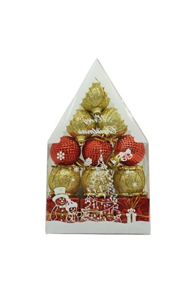 Bibilel Set de 12 globuri decorative de Crăciun, roșu/auriu, polistiren, finisaj cu sclipici