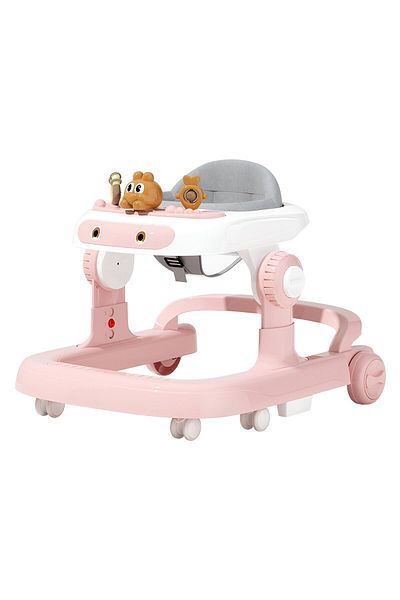 Flippy Baby Walker with Wheels, Bunny Model, Adjustable Height, Tray, Music, Lights, Pink