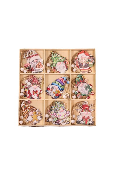 The Hub Set 18 Decoratiuni de Craciun din Lemn, cu Snur pentru Agatare in Bra...