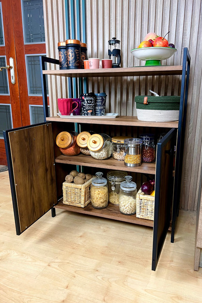 Milonsa Metal Ahşap Raflı Çok Amaçlı Dolap - Kahve Köşesi - Mutfak, Salon, Balkon için Depolama Ünitesi