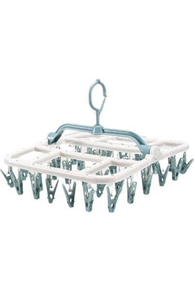 Flippy Uscător de rufe suspendat, cu 40 de cârlige, ușor de depozitat, multifuncțional, 36 x 24 cm, alb/albastru