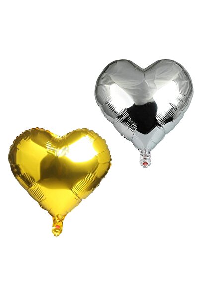 Flippy Set 2 Baloane din Folie Metalizata, Flippy, Model Inimi, 45 cm, Umflare Aer /Heliu, Argintiu/Auriu