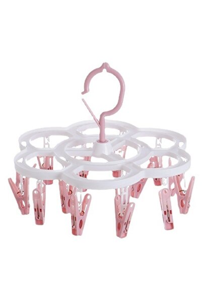 Flippy Uscător de rufe suspendat, cu 16 cârlige, ușor de depozitat, multifuncțional, 26 x 21 cm, roz