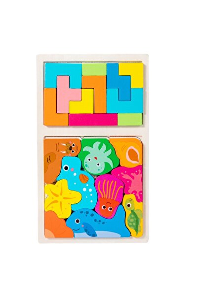 Tim Puzzle Montessori din lemn Flippy — Tetris 2 în 1, 3+ ani, Animale marine 3D colorate, 21 de bucăți