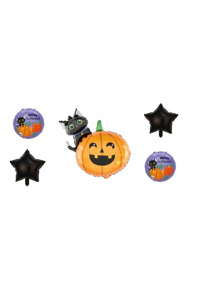 Flippy 5 Foil Balloons, Flippy, Halloween, Air or Helium, Pumpkin, Cat 84x69 cm, Stars, Circles 45 cm