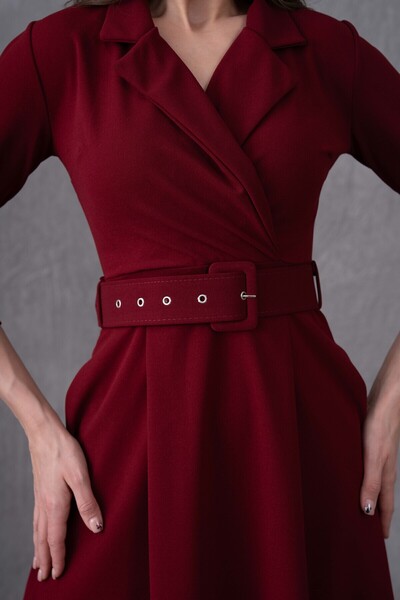 lovebox Esnek Krep Kumaş Ceket Yaka Yandan Cepli Kemer Hediyeli Kloş Kesim Bordo Abiye Elbise 020