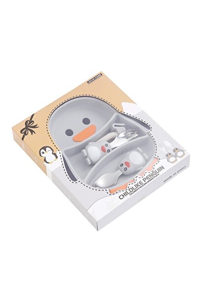 Flippy Set diversificare bebe Flippy, silicon, 23.5x12.5 cm, farfurie pinguin, lingura, furculiță, pai, gri