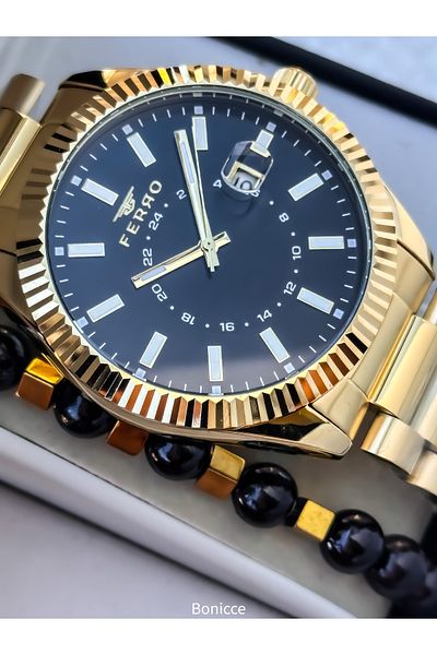 FERRO Men's Wristwatch, Yellow Color Steel Band, with Calendar, Bracelet Gift