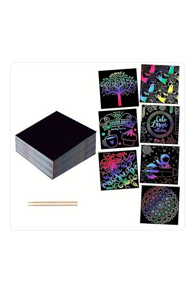 Flippy Set de 100 de hârtie de desen cu creioane din bambus, 8,5 x 8,5, curcubeu, negru