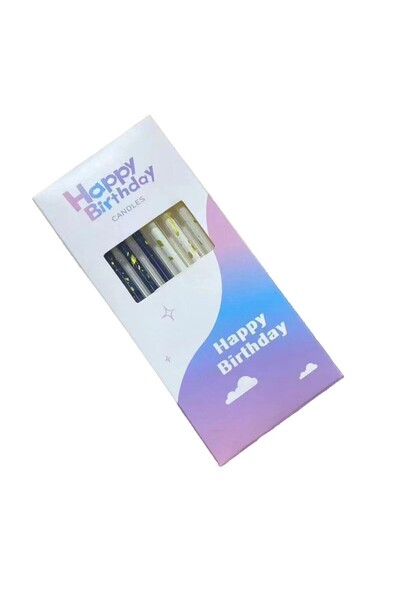 Teo Set of 6 Long Candles, Paraffin, 10 x 0.5 cm, Happy Birthday, Black/White