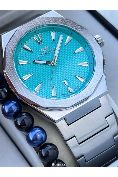FERRO Erkek Kol Saat, Silver Turquoise Color Steel Cord, with Calendar, in Stylish Box, Bracelet Gift