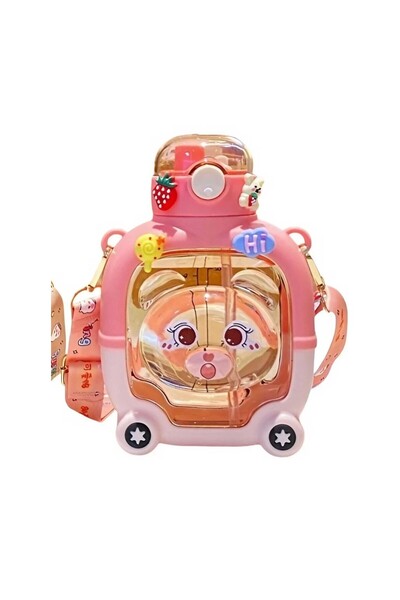 Flippy Children's Straw Bottle, Flippy, Bear Model, Graduated, Stickers Applied, Adjustable Strap, Shatter-