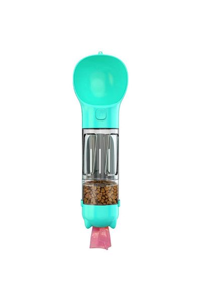 Flippy Biberon portabil, pentru câini și pisici, 3 compartimente + lingura, 300 ml, pungi igienice, turcoaz