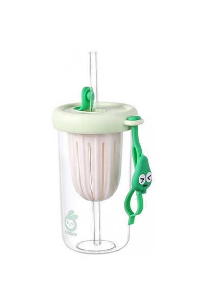 Flippy children's cup with lid & straw, anti-fall, fruit/ice compartment, 500ml, Green