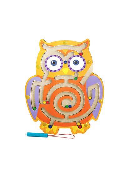 Flippy Joc cu minge Montessori, Flippy, creion magnetic, tip labirint, din lemn, model bufniță, portocaliu-violet