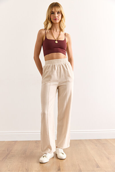Olalook Kadın Taş Beli Lastikli Önü Dikişli Yıkamalı Tok Keten Pantolon PNT-19000342