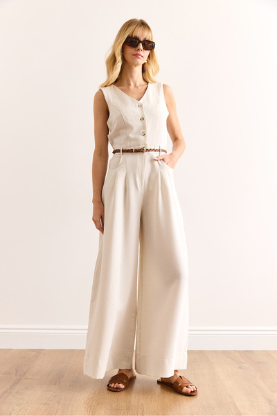 Olalook Γυναικεία φόρμα με πέτρινο κουμπί, τσέπη και ζώνη με φαρδύ πόδι TLM-19000157