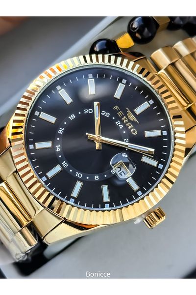 FERRO Men's Wristwatch, Yellow Color Steel Band, with Calendar, Bracelet Gift