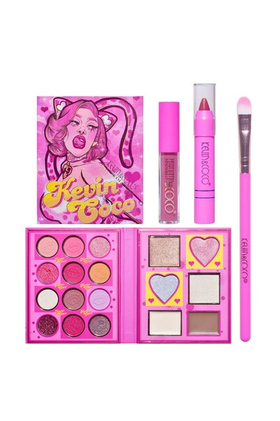 SOHO KEVIN & COCO 4-Piece Makeup Set, Pink Loving-heart Leopard Girl, 18 Colors, 20.5 x 18.2 x 2.2