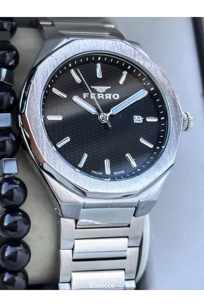 FERRO Men's Wrist Watch, Silver Aiyqh Color Steel Band, with Calendar, in Stylish Box, Bracelet Gift