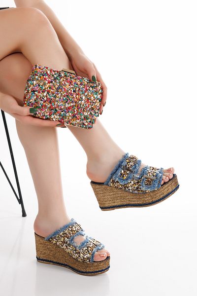 AYDOĞDU by ünal Combinație de papuci și geantă din denim elegant Alaçatı Blue Stone - 7000